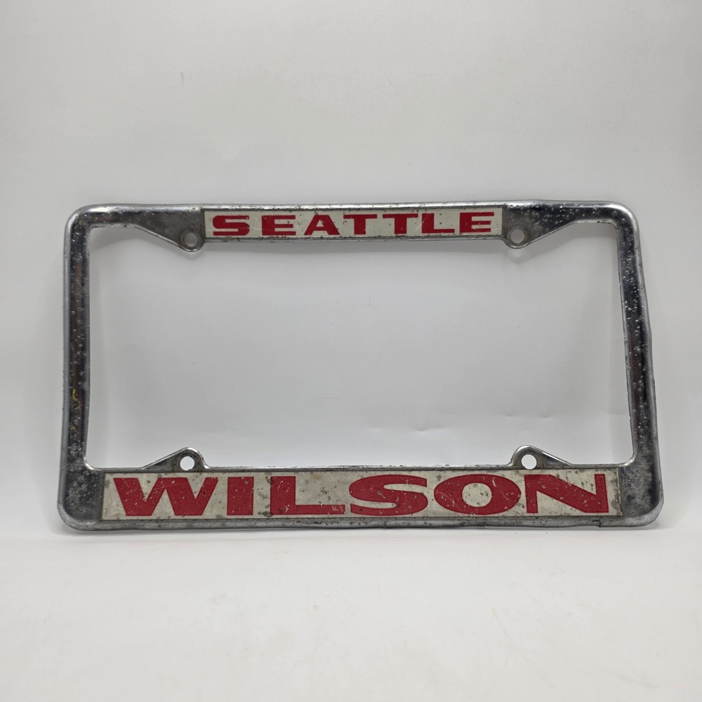 Wilson Seattle License Plate Frame Vintage Chrome Red White Metal PNW Car Decor